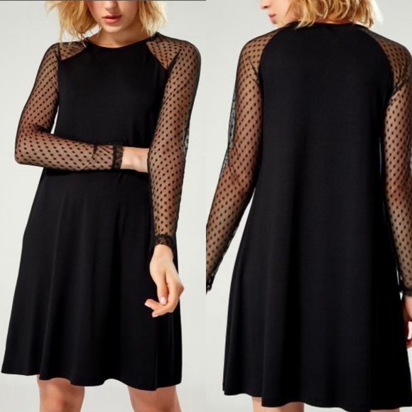 Dresses & Skirts - New Black Swiss Dot Mesh-Sleeve A-Line Dress